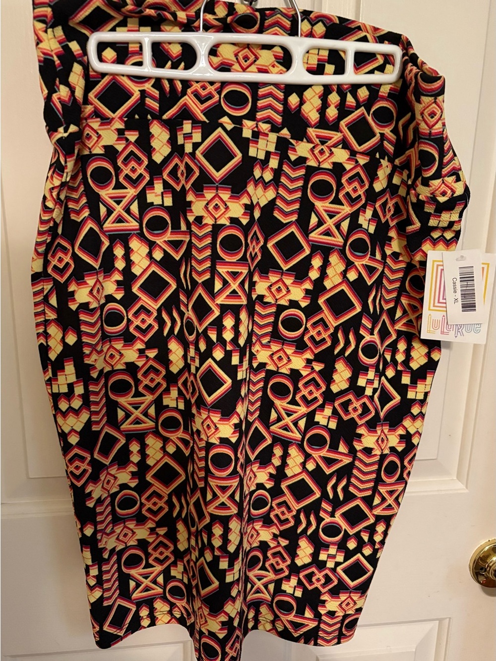 LuLaRoe Cassie Pencil Midi Skirt Black with Yellow & Red Geometric Print
